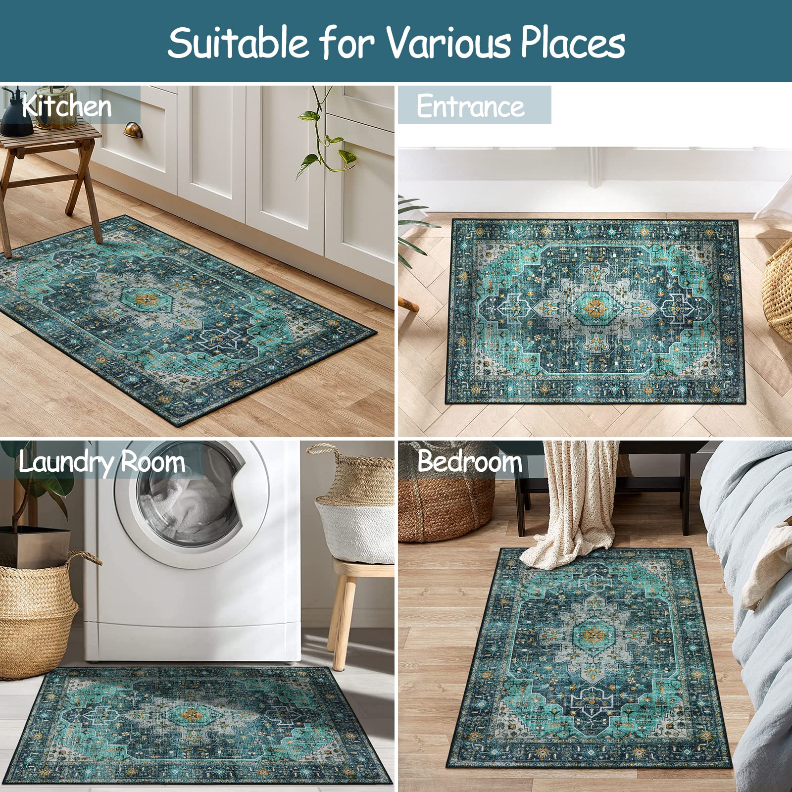 Moynesa Kids & Pets Friendly Teal Rug suits a busy family space.