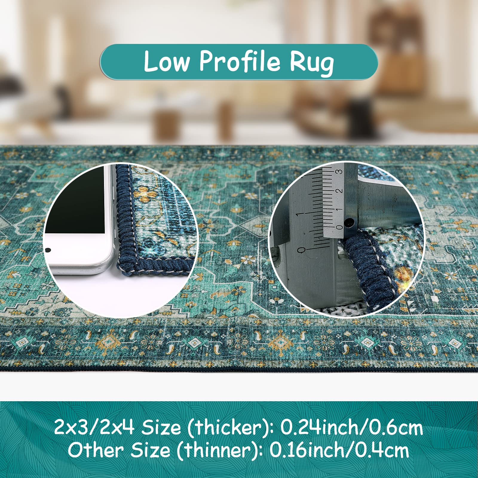 Moynesa Low-Pile Accent Carpet Teal fits under furniture without bulk.