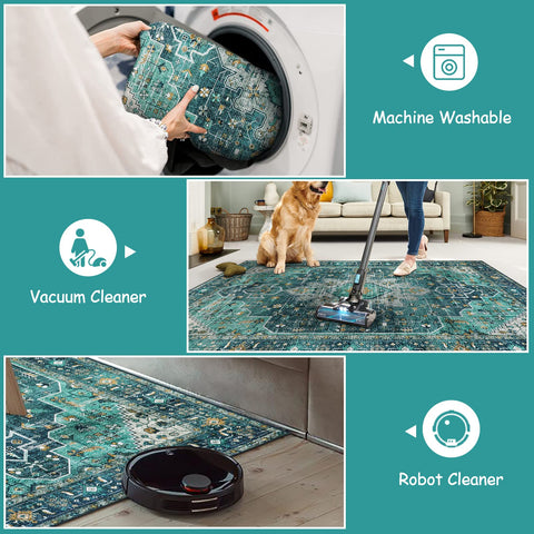 Moynesa Machine-Washable Entryway Rug Teal facilitates quick cleanup after spills.