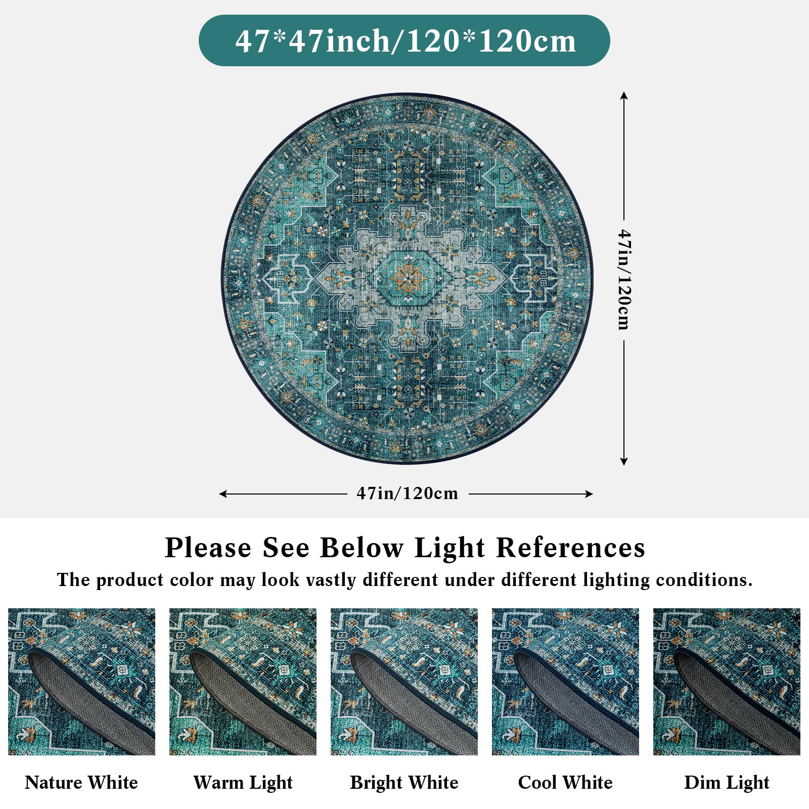 Moynesa teal low-pile round rug with smooth texture for under furniture.