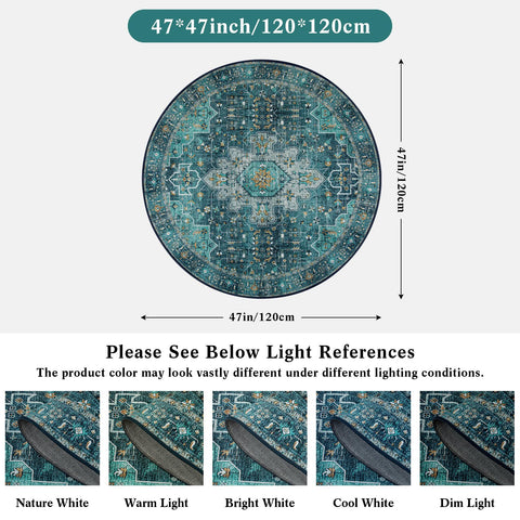 Moynesa teal low-pile round rug with smooth texture for under furniture.