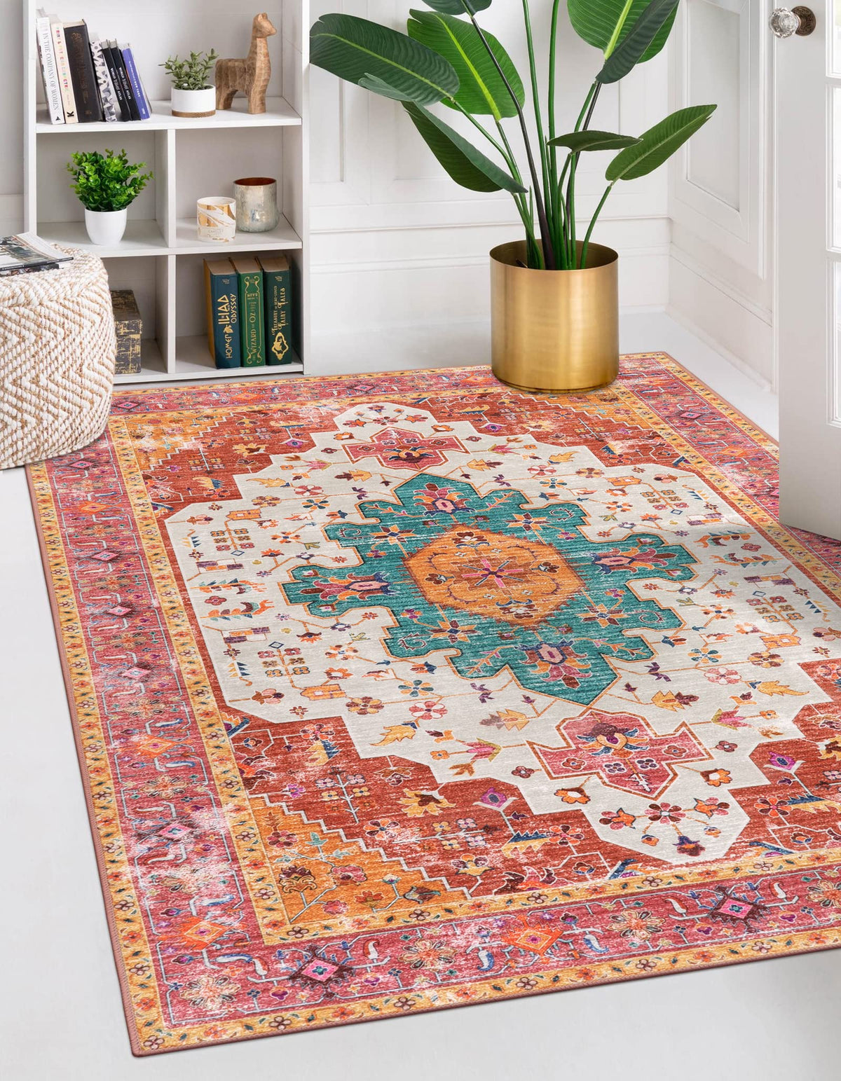 Moynesa ultra-thin rug with vintage medallion floral design for easy cleaning