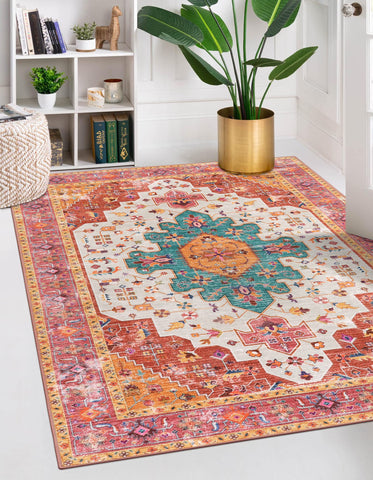 Moynesa ultra-thin rug with vintage medallion floral design for easy cleaning