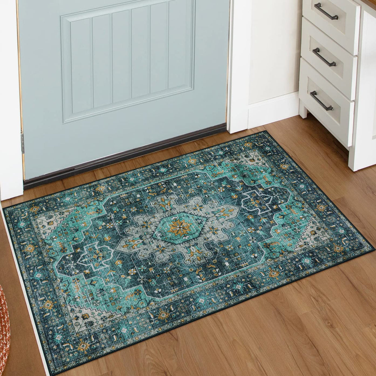 Moynesa Ultra-Thin Washable Teal Entryway Rug in doorway emphasizes easy cleaning for busy homes.