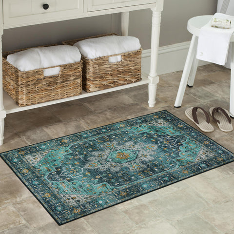 Moynesa Vintage-Inspired Teal Boho Rug adds timeless charm to hallways.