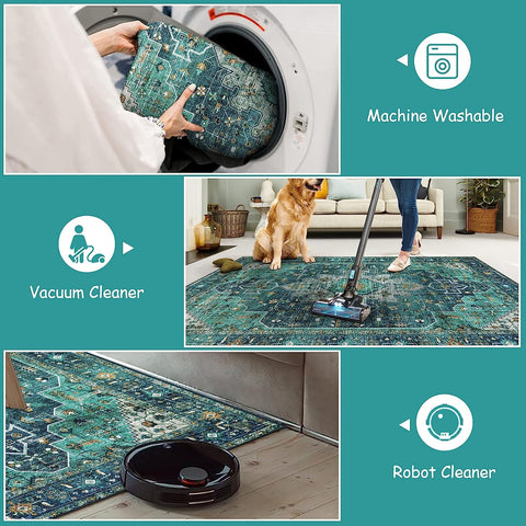 Moynesa washable round rug in teal designed for easy entryway cleaning.