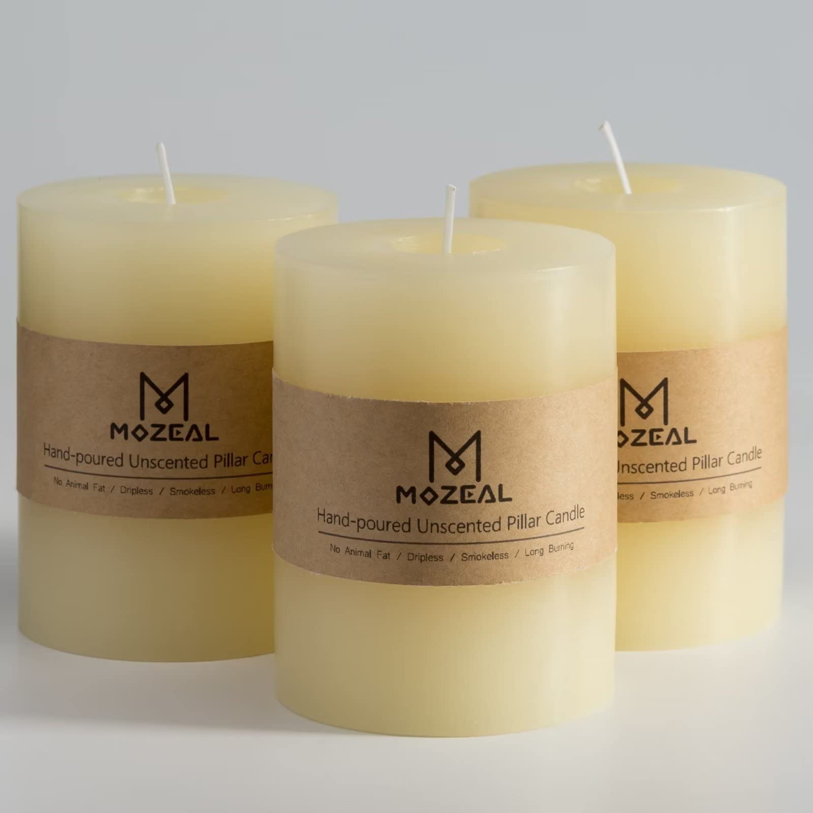 MOZEAL unscented pillar candle 3x4 ivory set of 3 creates refined tablescape ambiance