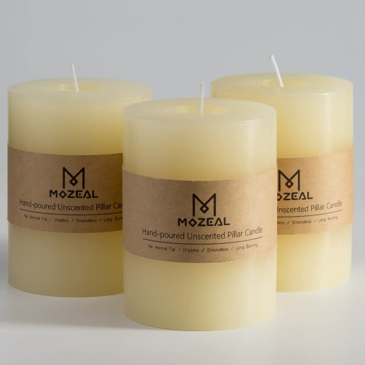 MOZEAL unscented pillar candle 3x4 ivory set of 3 creates refined tablescape ambiance