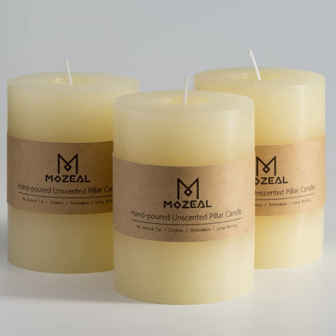 MOZEAL unscented pillar candle 3x4 ivory set of 3 creates refined tablescape ambiance
