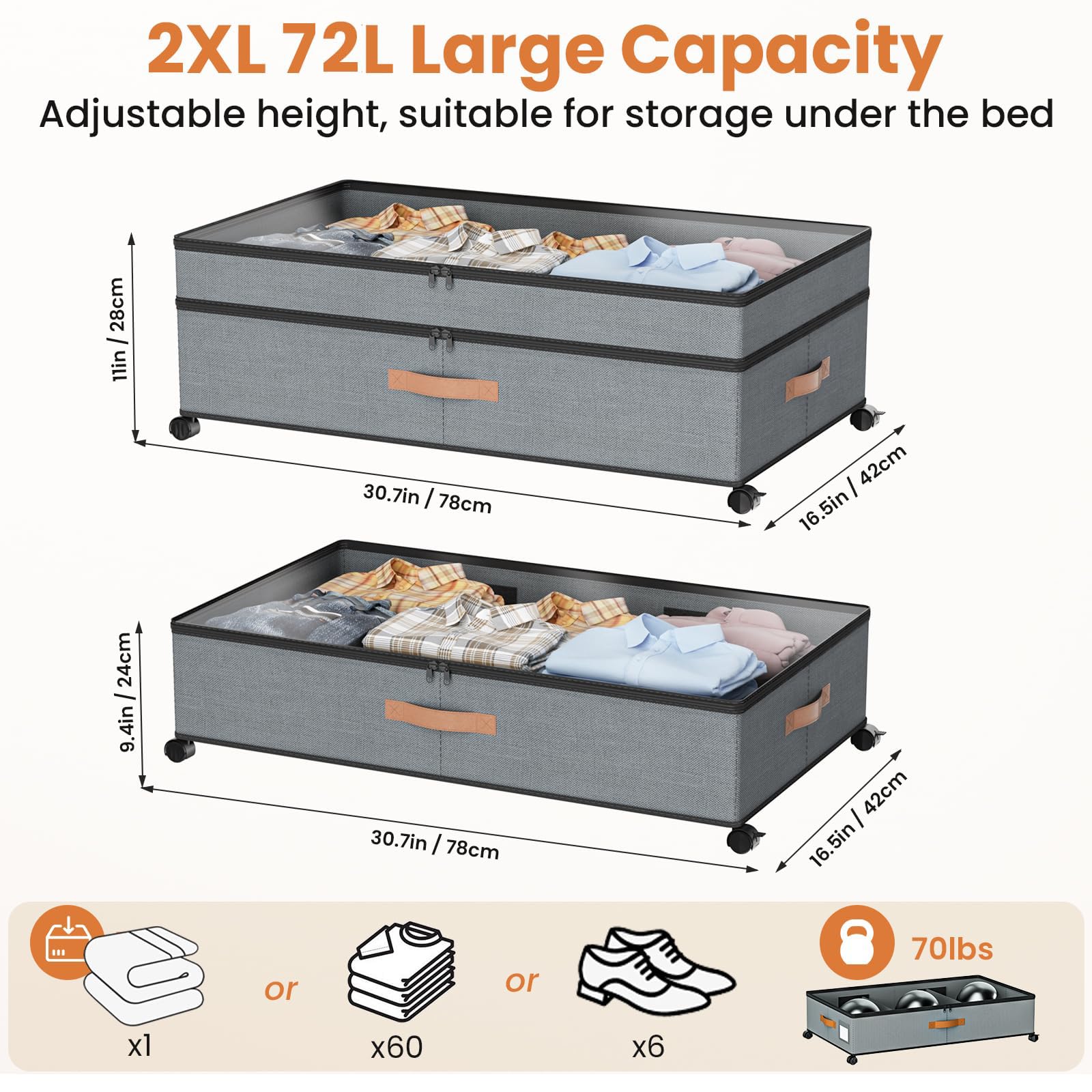 Mqaue under-bed storage with 360-degree wheels for smooth movement