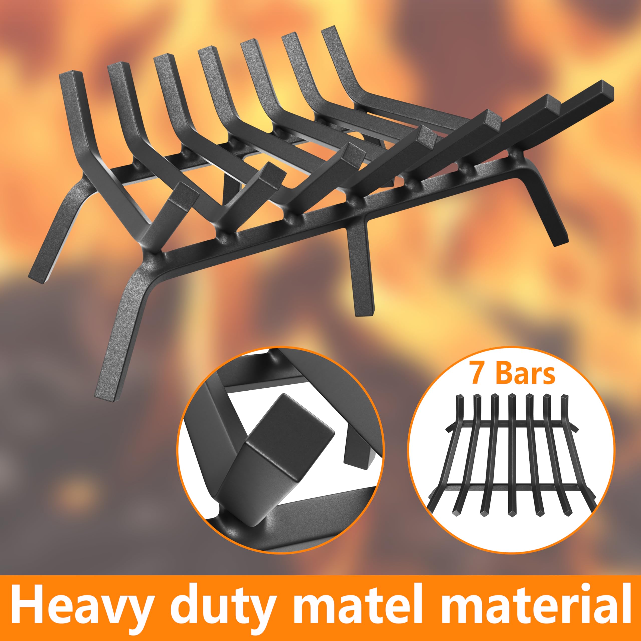 Mr IRONSTONE 24-inch fireplace grate side angle highlighting robust support