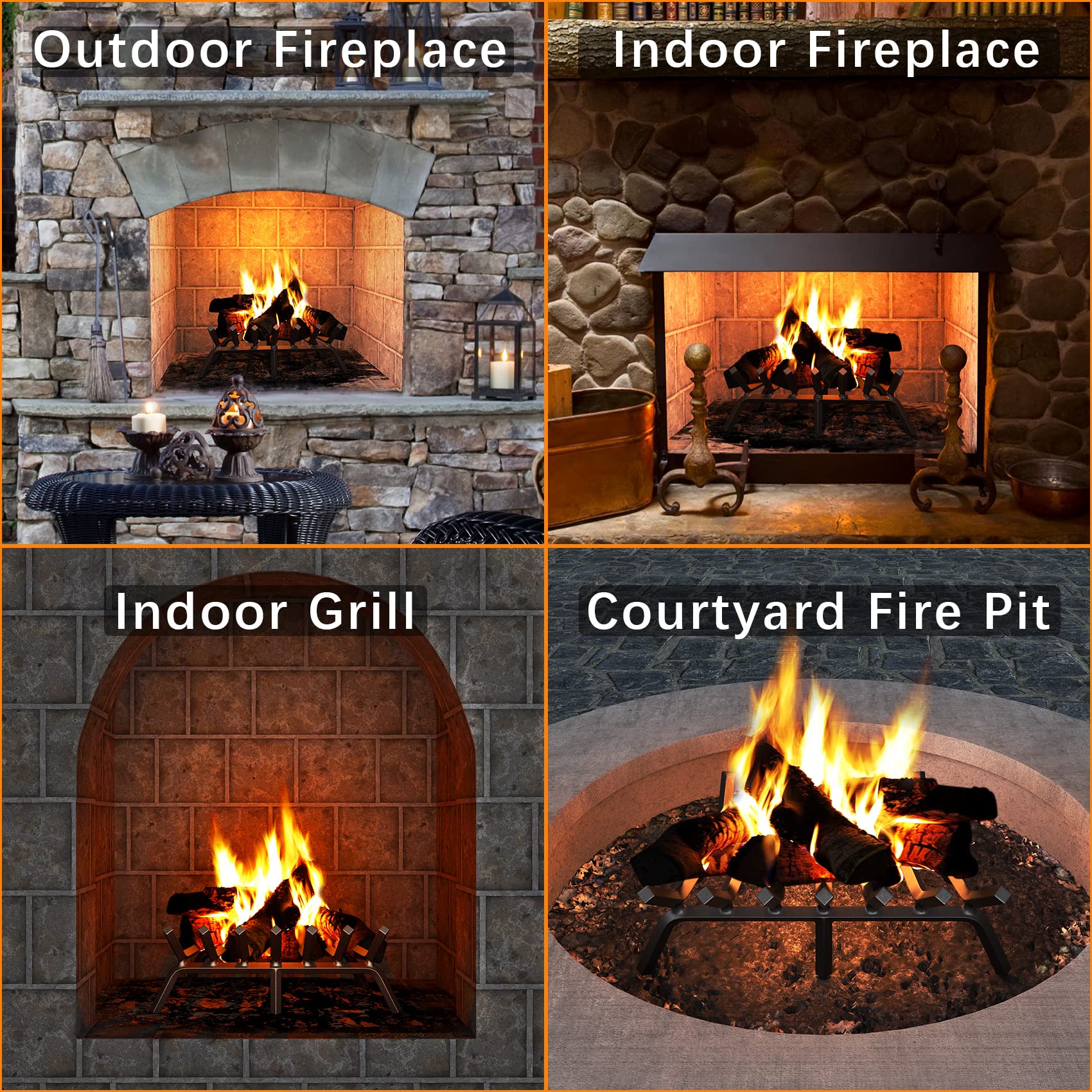 Mr IRONSTONE fireplace grate in use for indoor and outdoor settings
