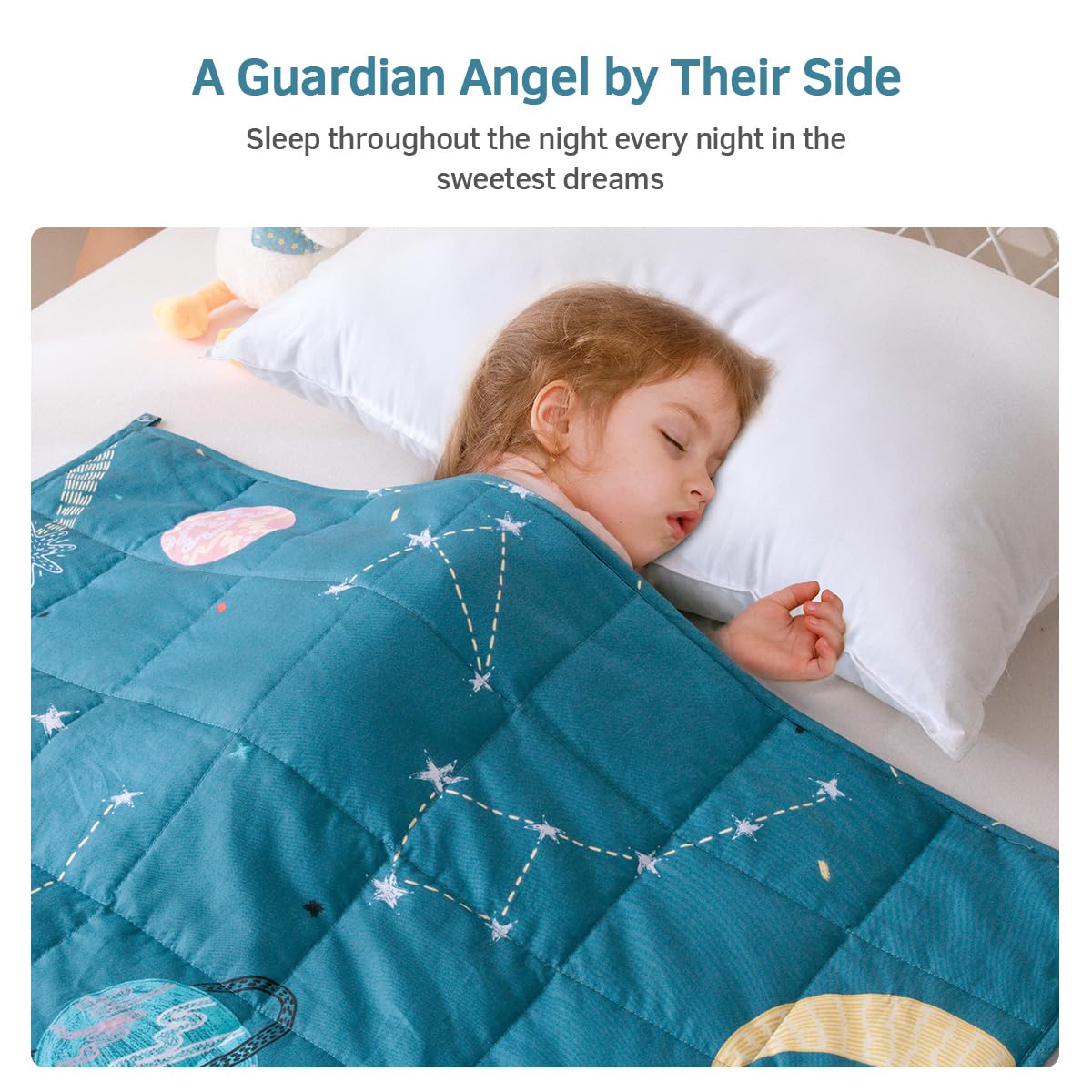 Bedroom scene featuring Mr. Sandman weighted blanket in Star Moon Blue ambiance.