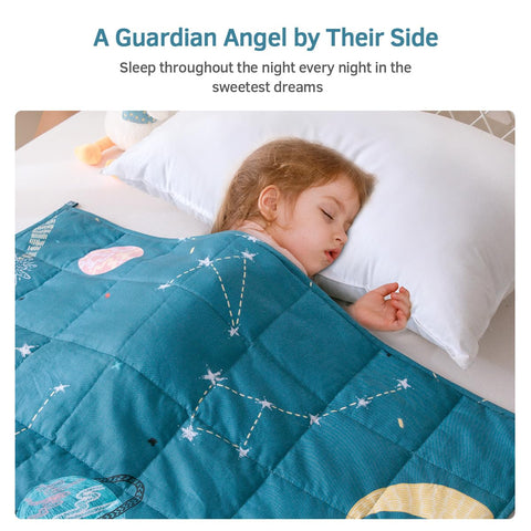 Bedroom scene featuring Mr. Sandman weighted blanket in Star Moon Blue ambiance.