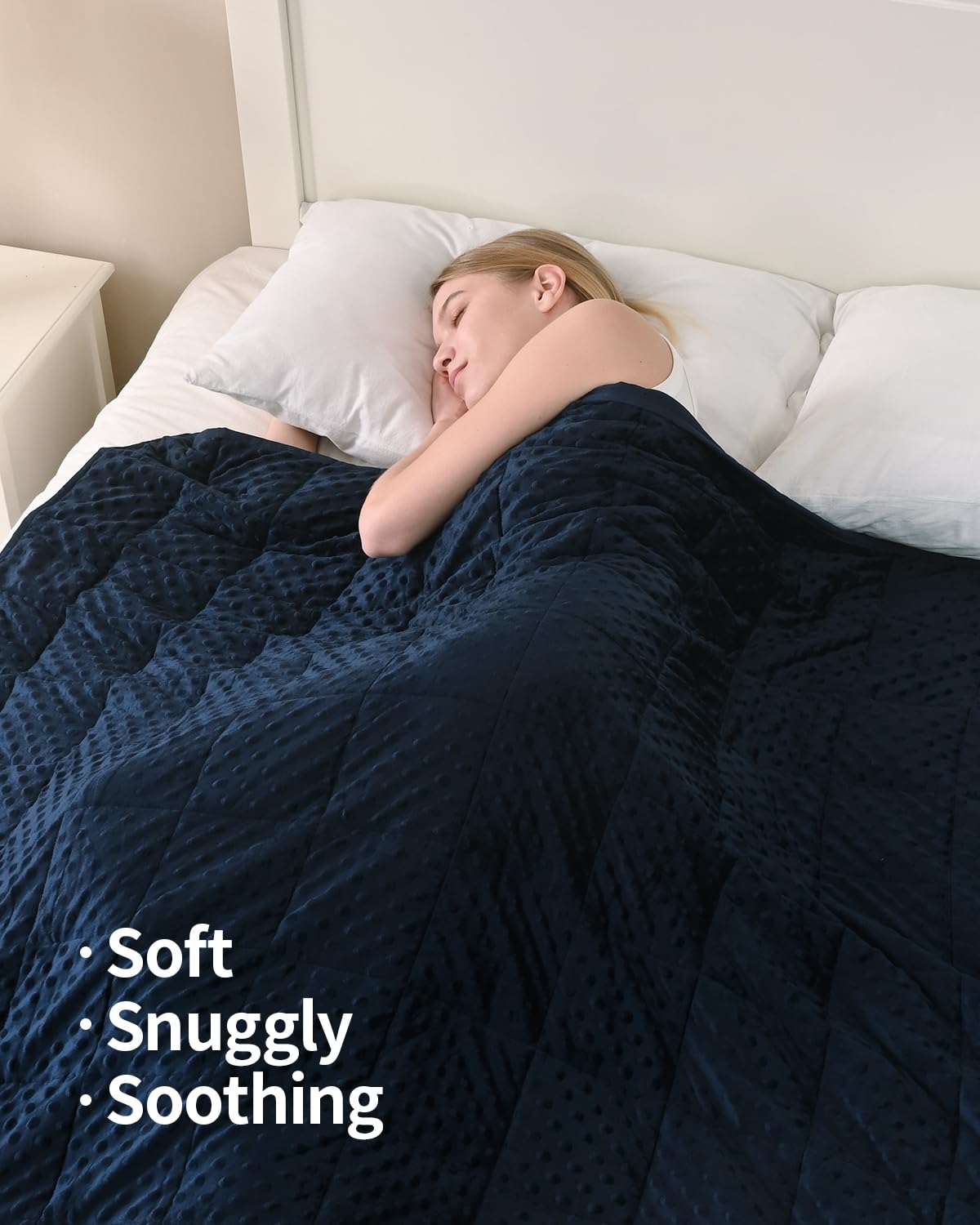 Mr. Sandman weighted blanket navy dots texture closeup highlights cozy surface
