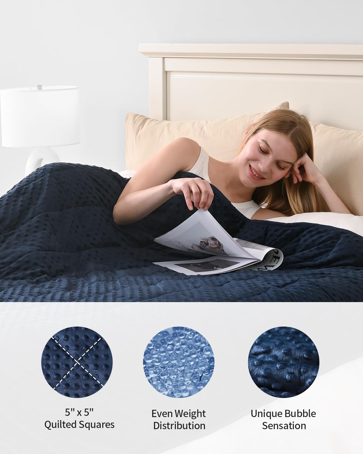Mr. Sandman weighted blanket navy draped over bed for relaxing evenings