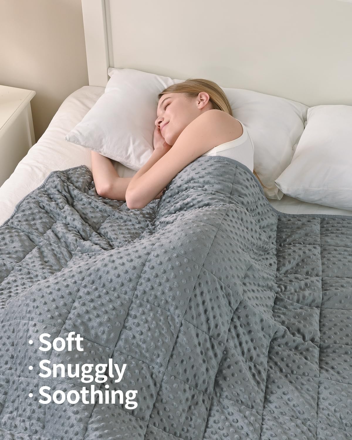Mr. Sandman weighted blanket grey dots texture highlights tactile pattern for comfort.