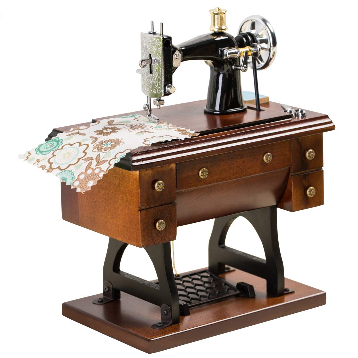 Mr.Winder sewing machine music box front view shows vintage craftsmanship for heirloom gifting.