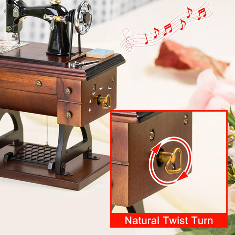 Mr.Winder sewing machine music box side view highlights detailed woodwork and tactile appeal.