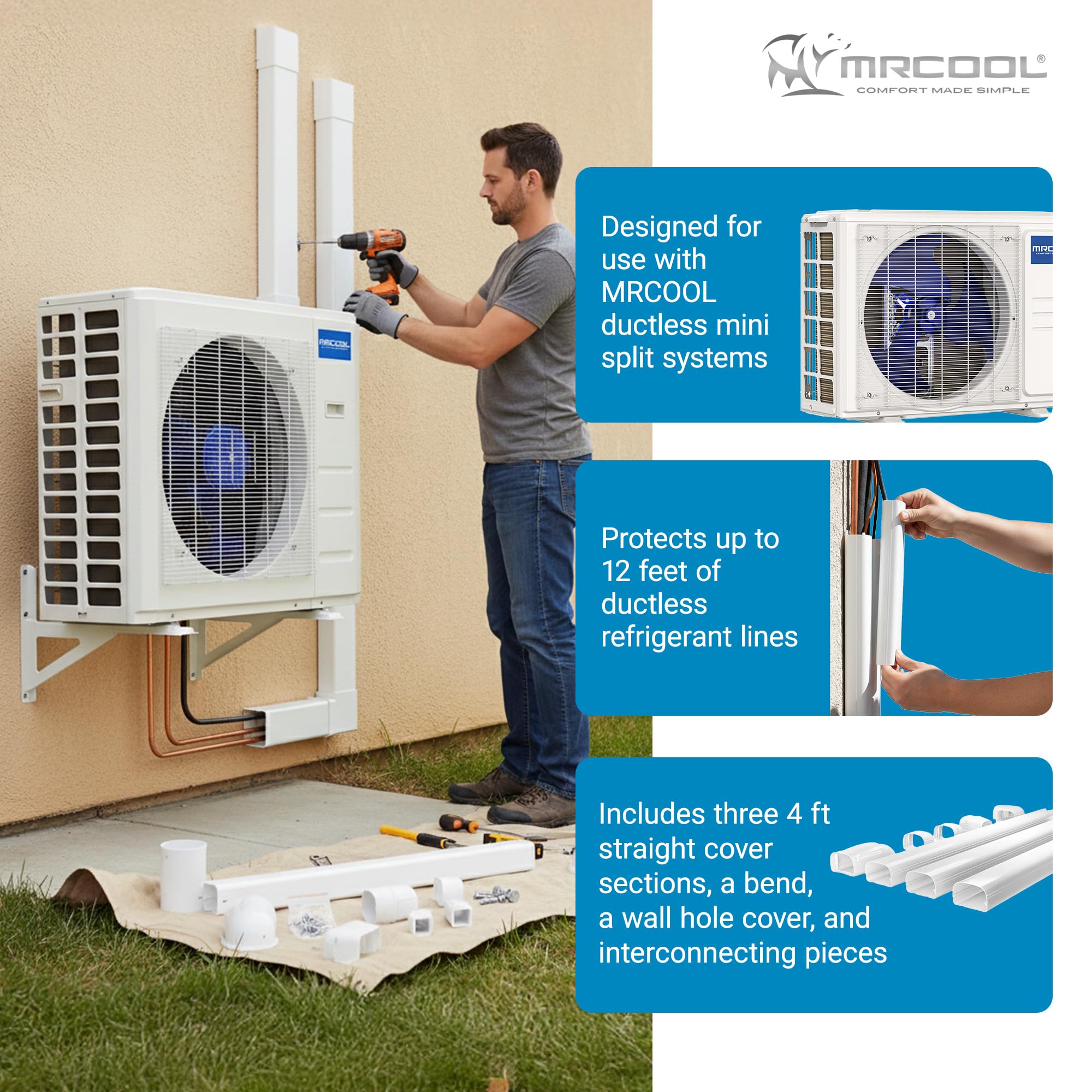 MRCOOL LineGuard wall cover hides pipes for a clean exterior look.