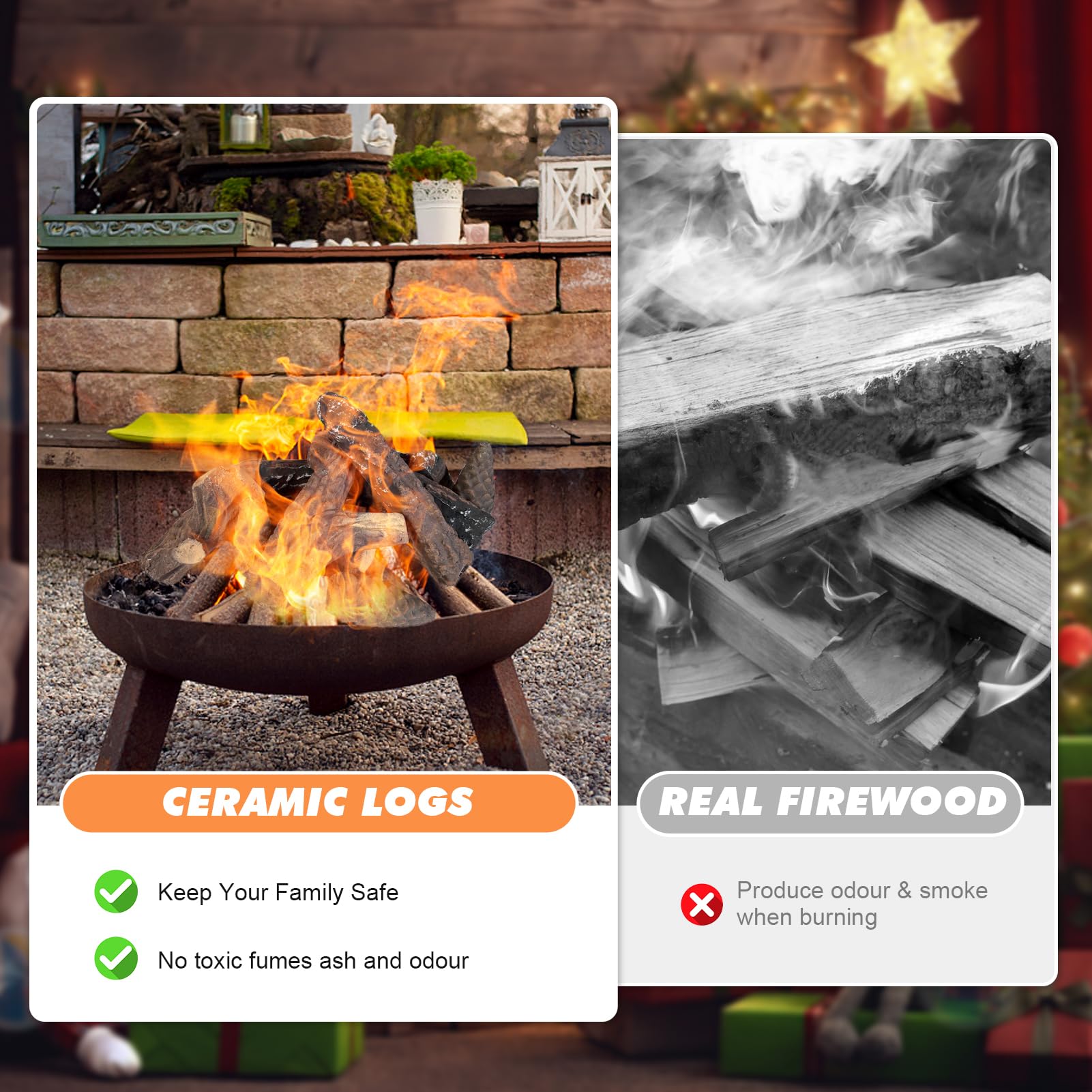 MrGas Log ceramic logs suit indoor and outdoor fireplaces for versatile decorative use.