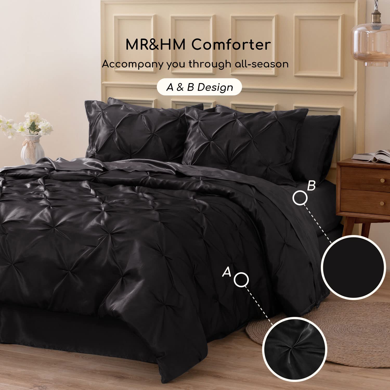 MR&HM bed in black satin set shows versatile, chic ambiance for any room