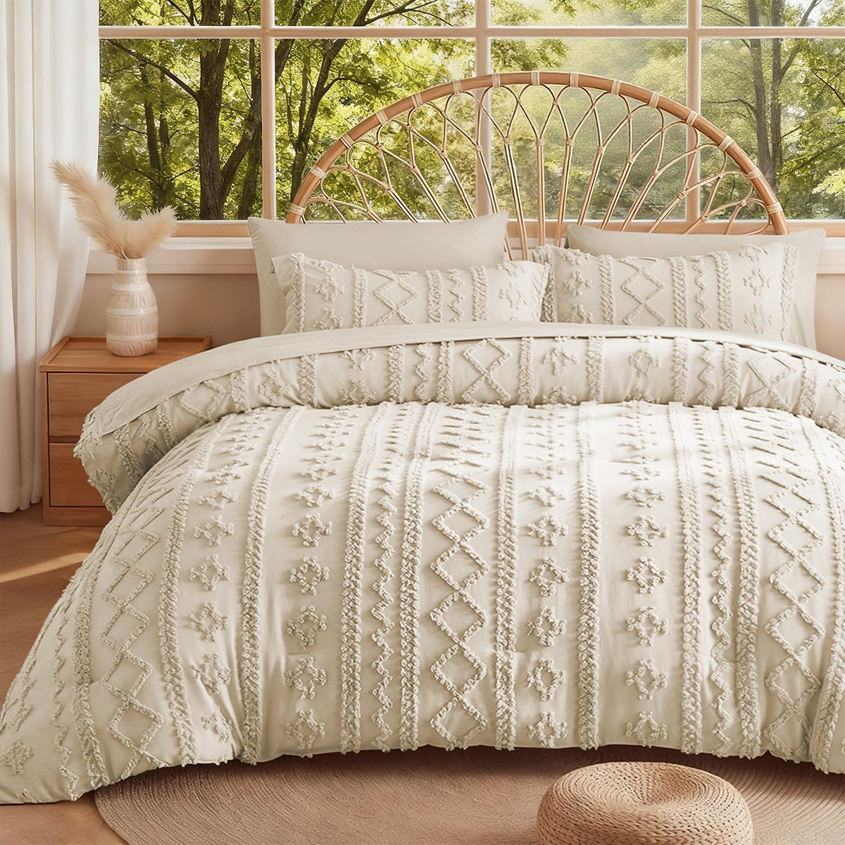 MR&HM beige comforter set queen with tufted boho embroidery for a chic bedroom look.
