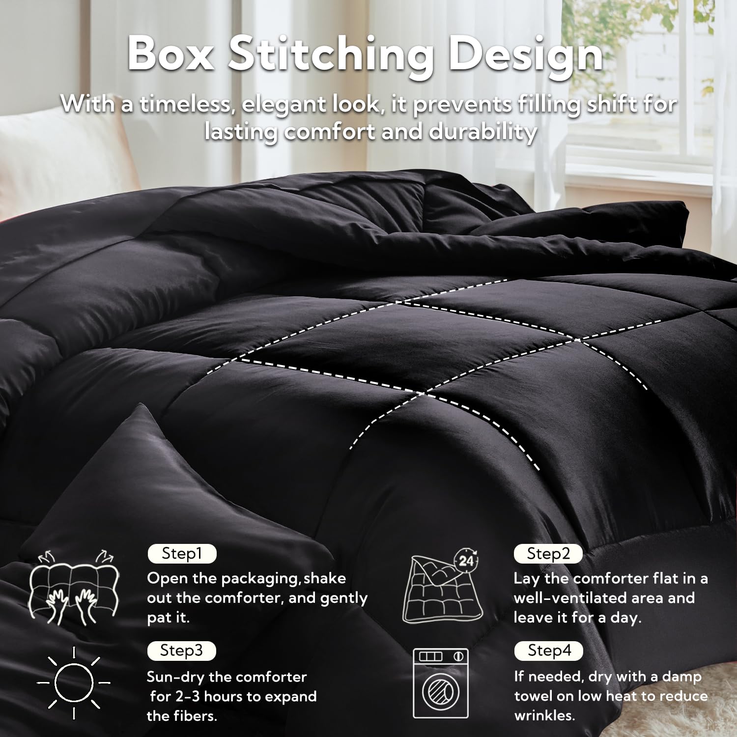 MR&HM box-stitched filling keeps the comforter evenly distributed.