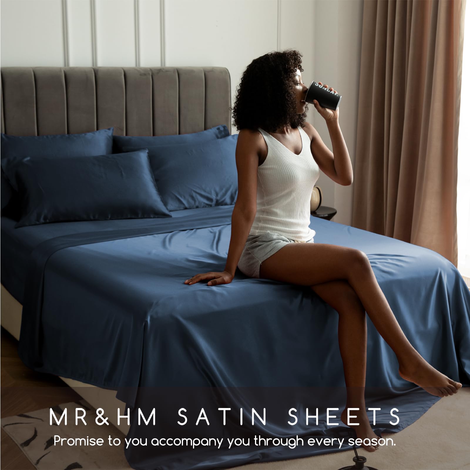 MR&HM mood indigo satin sheets elevate bedroom aesthetics and mood.