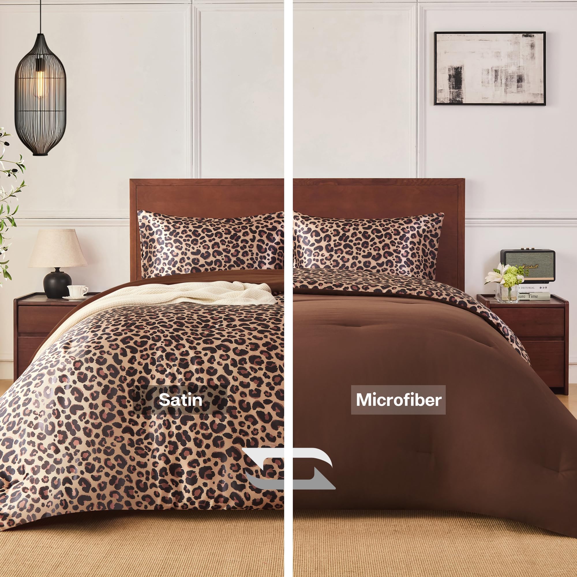 MR&HM queen comforter in brown leopard with microfiber non-slip side for secure, cozy sleep.