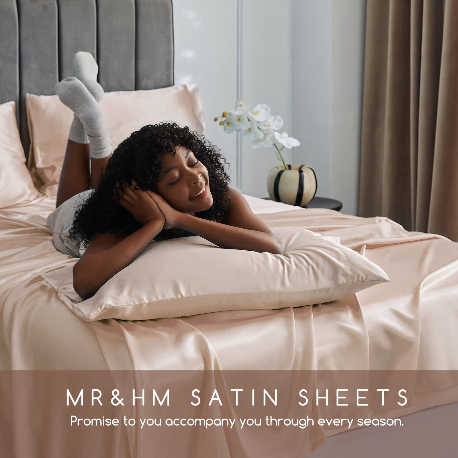 MR&HM champagne satin bed setup creating calm bedroom vibe