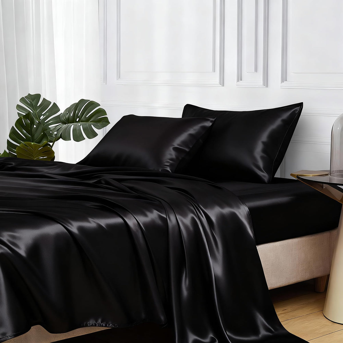 MR&HM satin bed sheets for California King, 4-piece set, silky sleep surface.