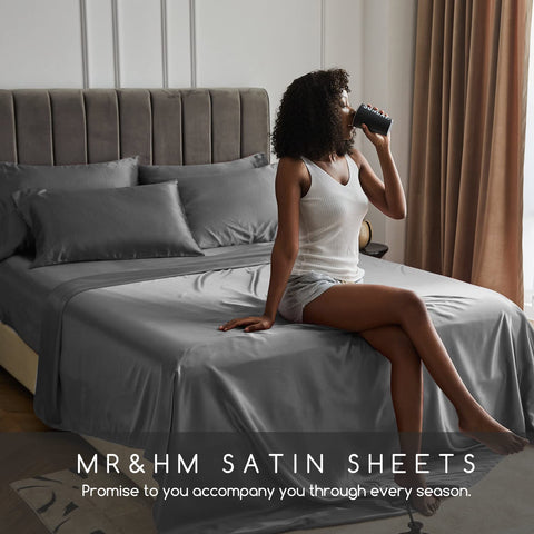 MR&HM dark grey satin sheets add modern bedroom elegance