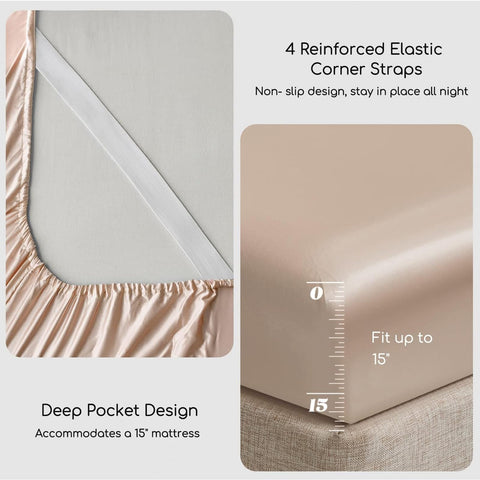 MR&HM satin sheets with elastic corner straps securing the fit