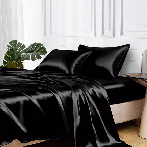 MR&HM satin bed sheets, flat view, 66x102 inches, silky smooth surface for restful night