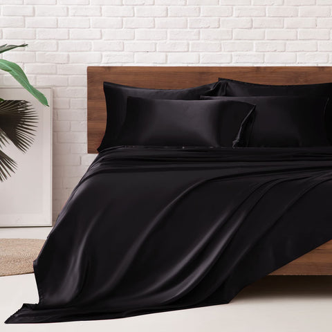 MR&HM satin bed sheets packaging highlights premium king set for luxurious sleep