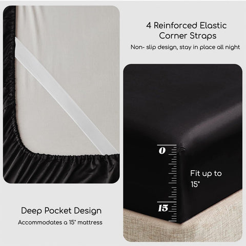 MR&HM satin bed sheets queen elastic corner straps image shows secure mattress wrap.