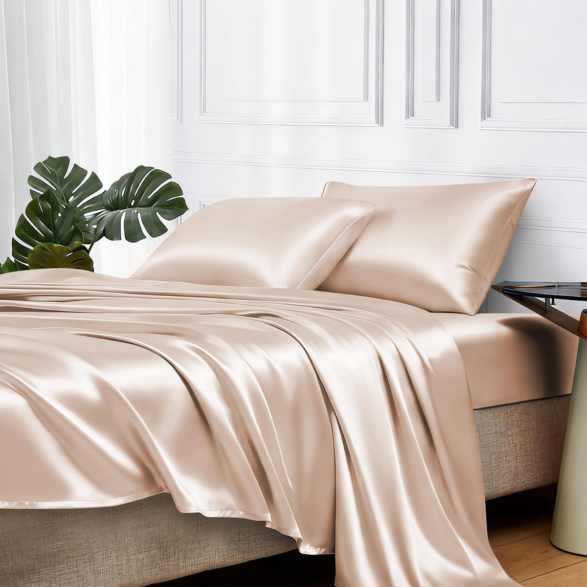 MR&HM satin queen flat sheet close-up showing silky finish for sleek sleep