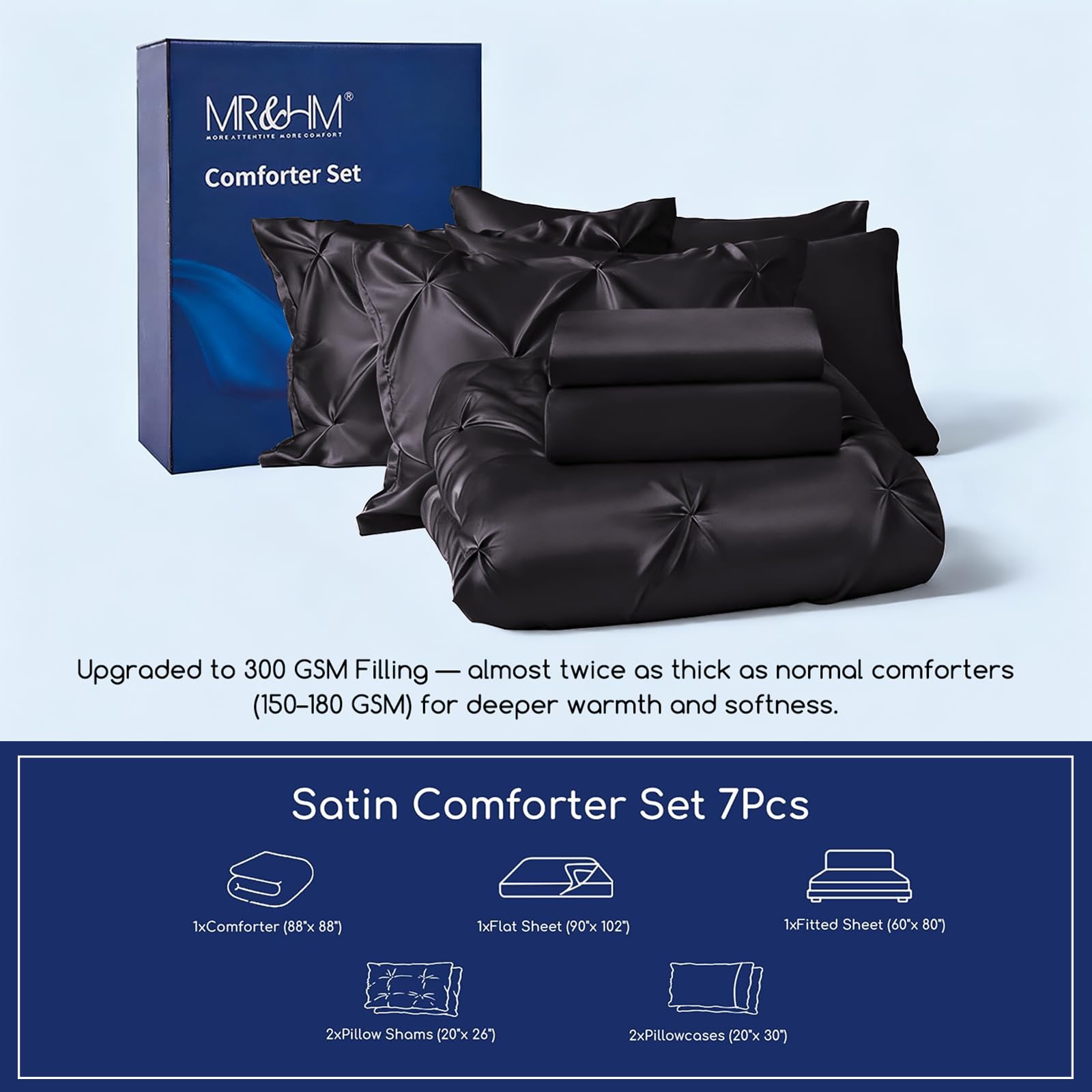 MR&HM satin fitted sheet provides a snug, smooth sleep surface year‑round.
