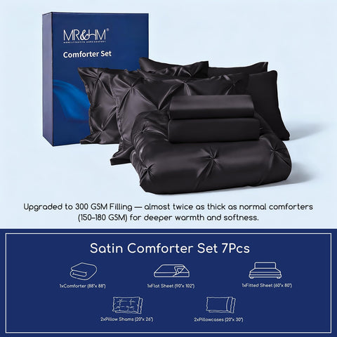 MR&HM satin fitted sheet provides a snug, smooth sleep surface year‑round.