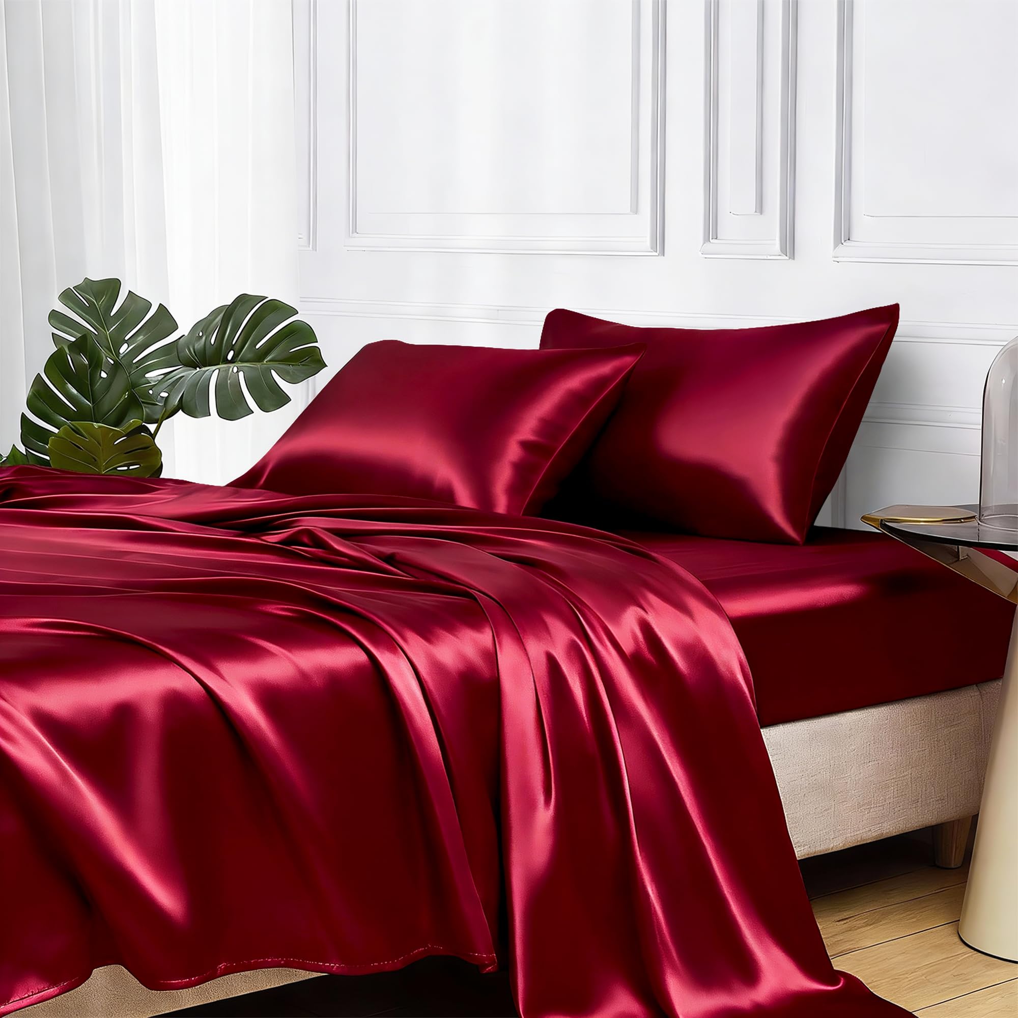 MR&HM satin queen flat sheet in burgundy provides a smooth sleep surface