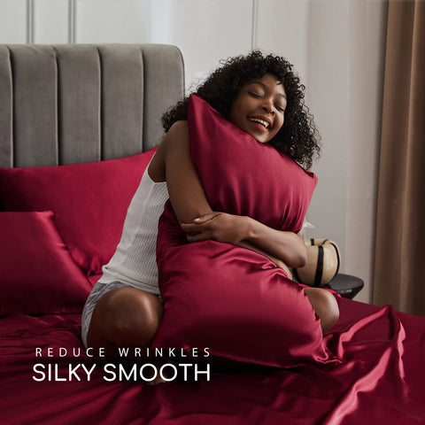 MR&HM satin queen pillowcases in burgundy cradle hair and skin