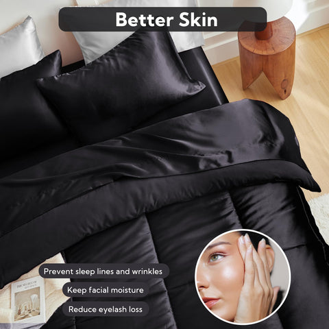 MR&HM glossy satin reverse side adds elegant bedroom appeal.