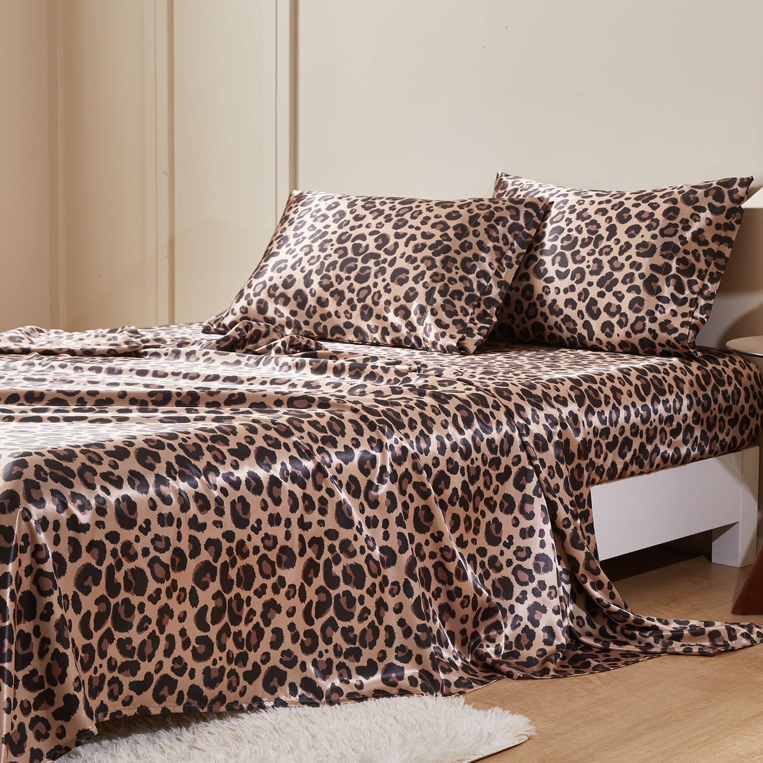 MR&HM satin 4pc flat sheet offers generous king coverage and a silky sleep surface