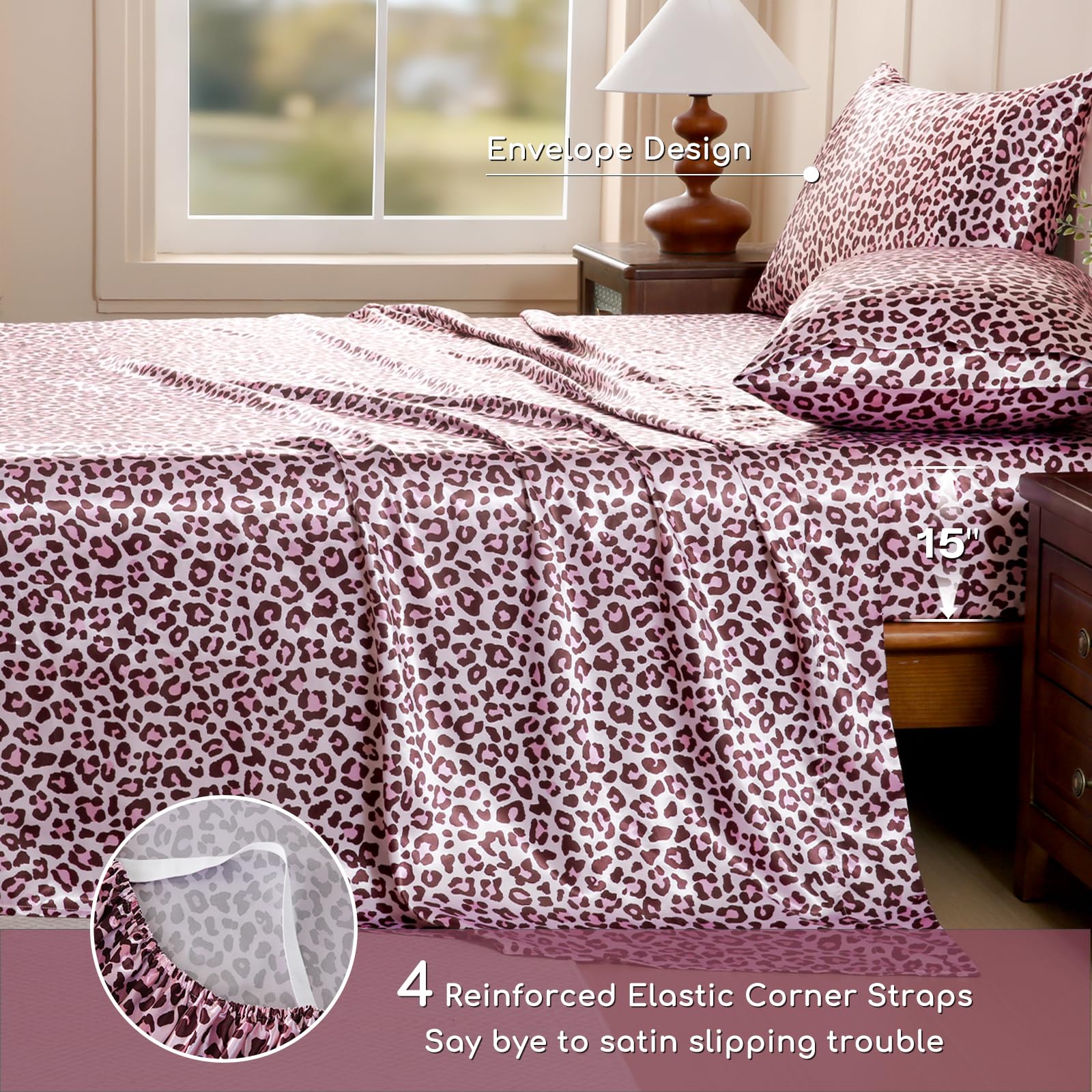 MR&HM pink leopard satin sheets add a luxe look to the bedroom