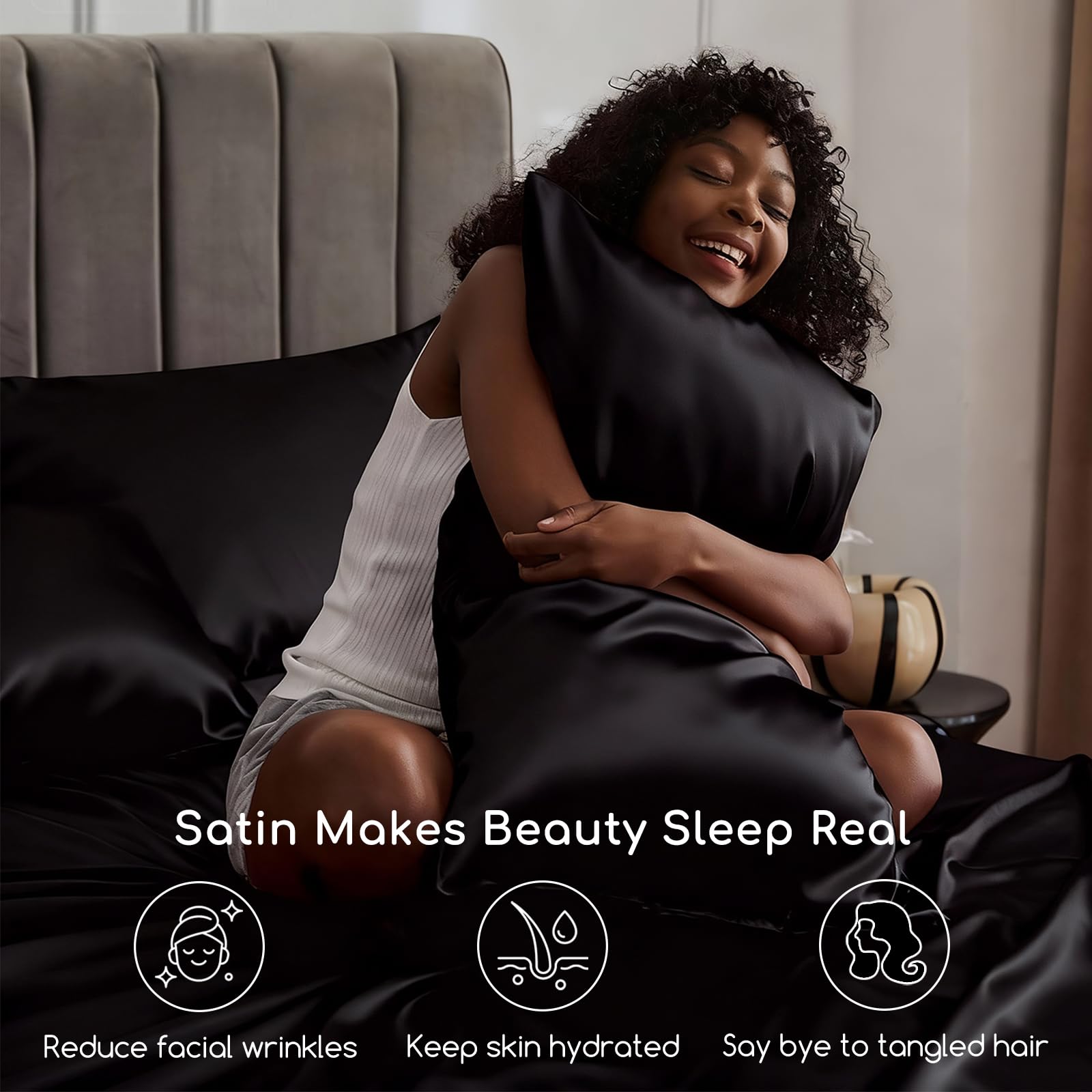 MR&HM satin sheets elastic corner straps securing mattress for slip-free nights.