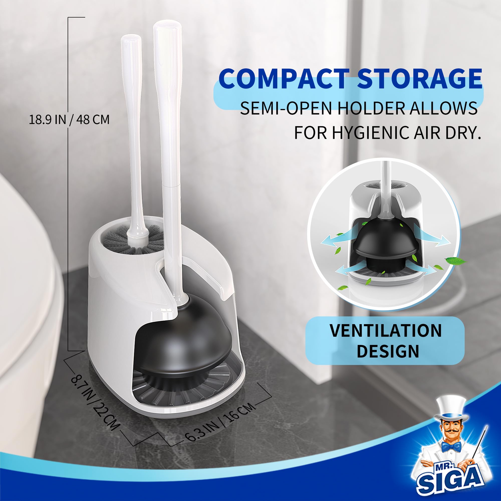 MR.SIGA compact storage design keeps brush hidden and bathroom neat