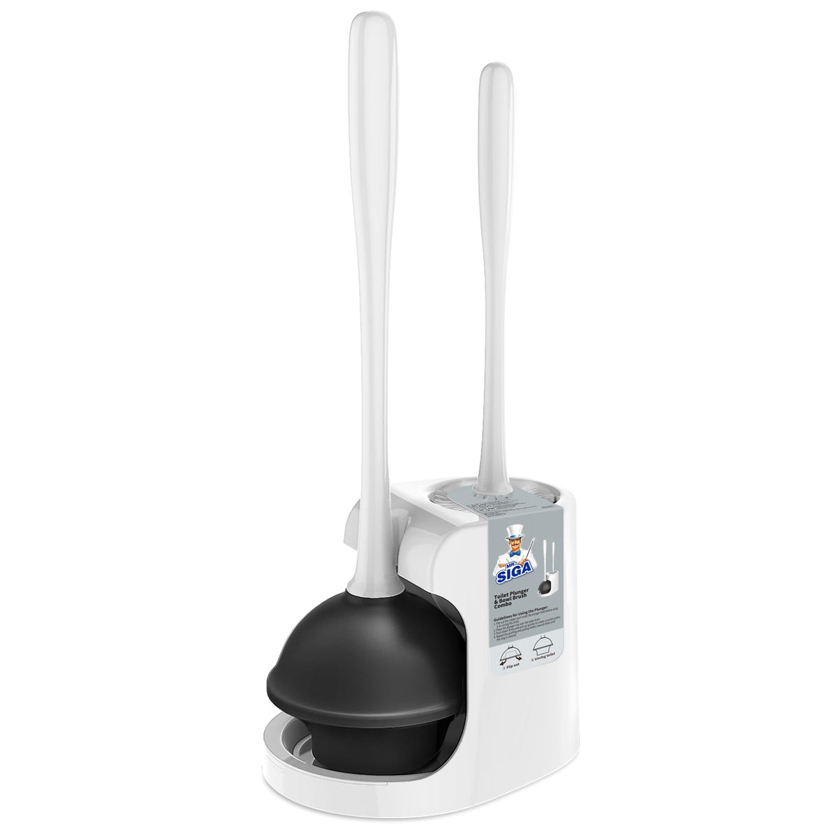 MR.SIGA toilet plunger and bowl brush combo with two-compartment holder for bathroom organization