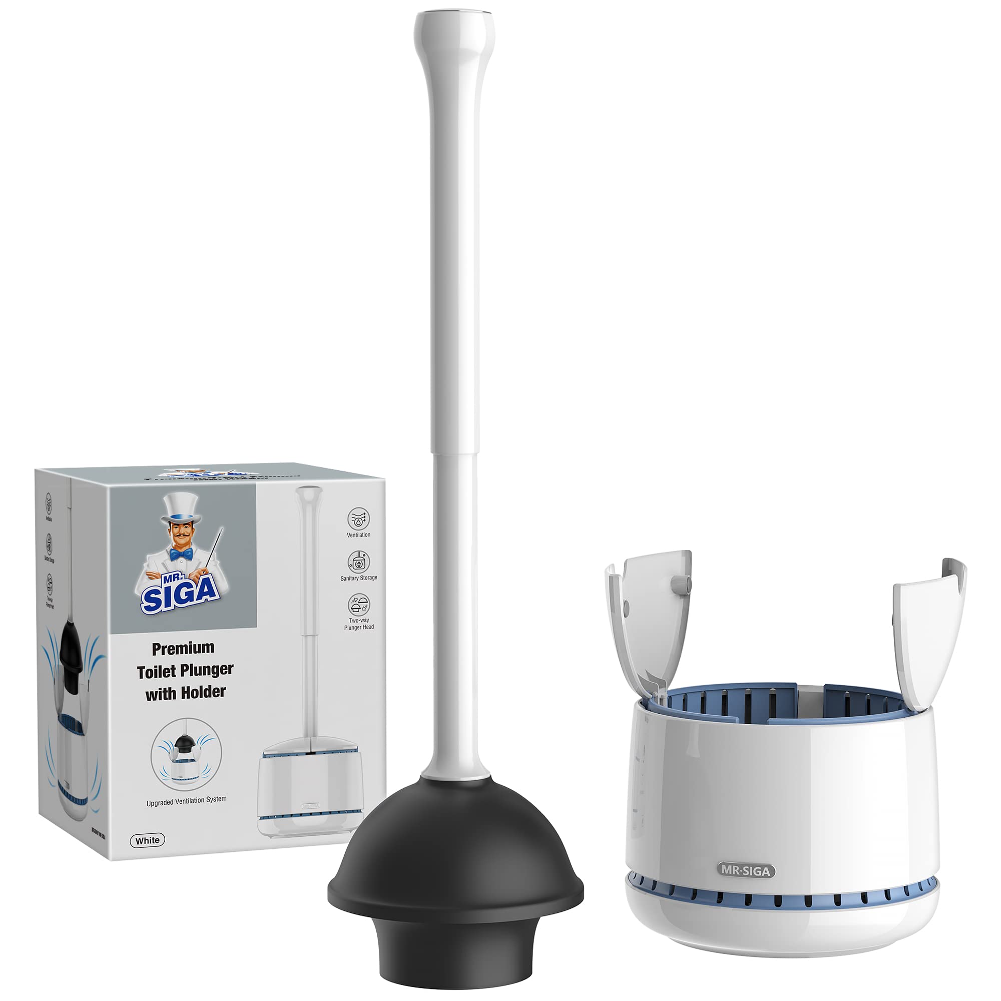MR.SIGA toilet plunger with holder assembly shows compact storage for a neat bathroom.