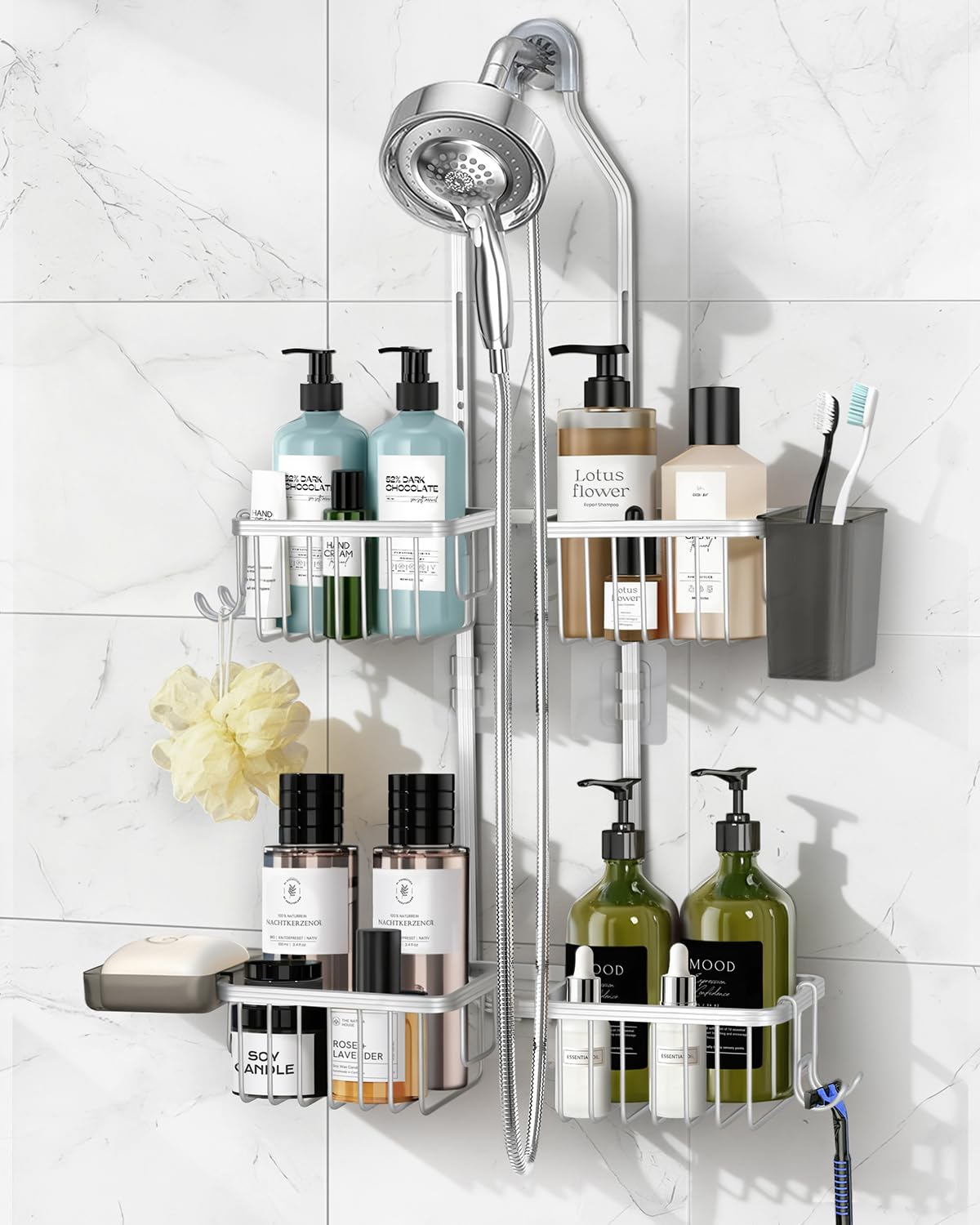 MSAICOE adjustable shower caddy over head keeps toiletries within easy reach.
